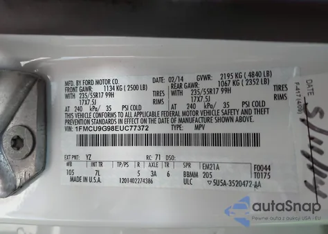 2014 Ford Escape Se z USA, uszkodzony, nr VIN 1FMCU9G98EUC77372